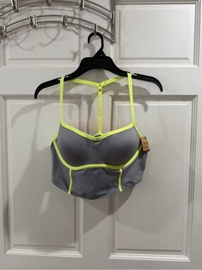 PINK Victoria's Secret Grey Longline Sports Bralette with Neon Yellow Trim Sz XL